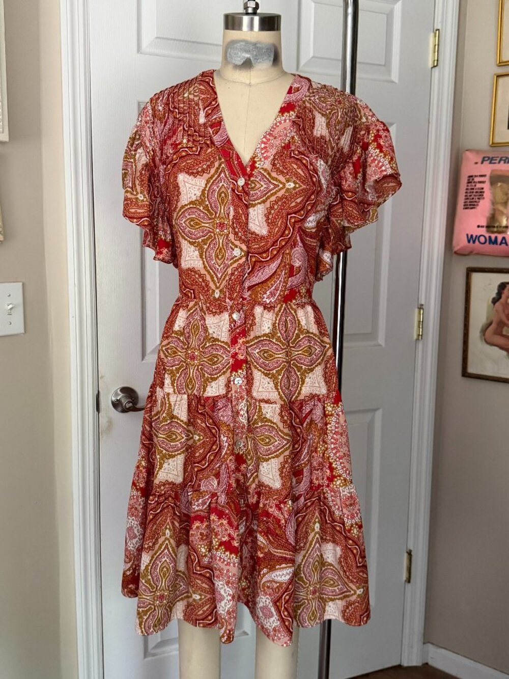 529 UFFIZI Red Paisley damask Flutter Sleeve Prairie Tiered ruffle Dress *LARGE*